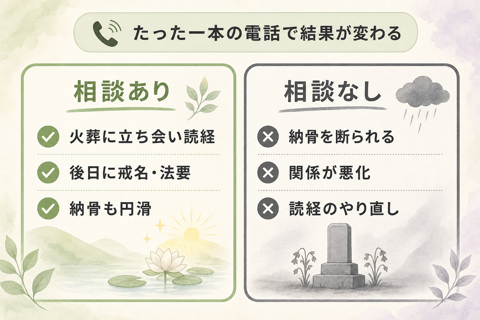 菩提寺へ事前相談した場合としなかった場合のその後を対比した図。左側「相談あり:火葬に立ち会い読経・後日に戒名や法要・納骨も円滑」を明るい色で、右側「相談なし:納骨を断られる・関係が悪化・あらためて読経のやり直し」を暗い色で並べ、たった一本の電話で結果が大きく変わることを示した対比図