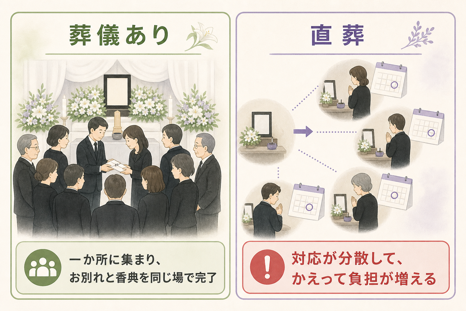 直葬後に弔問が分散して増える様子を示した図。左に「葬儀あり＝参列者がその場でお別れと香典を済ませる」を一か所に集まった形で、右に「直葬＝訃報を後で知った人が別々の日に個別訪問」をバラバラに訪れる形で対比し、右下に「対応が分散して負担増」と添えた図