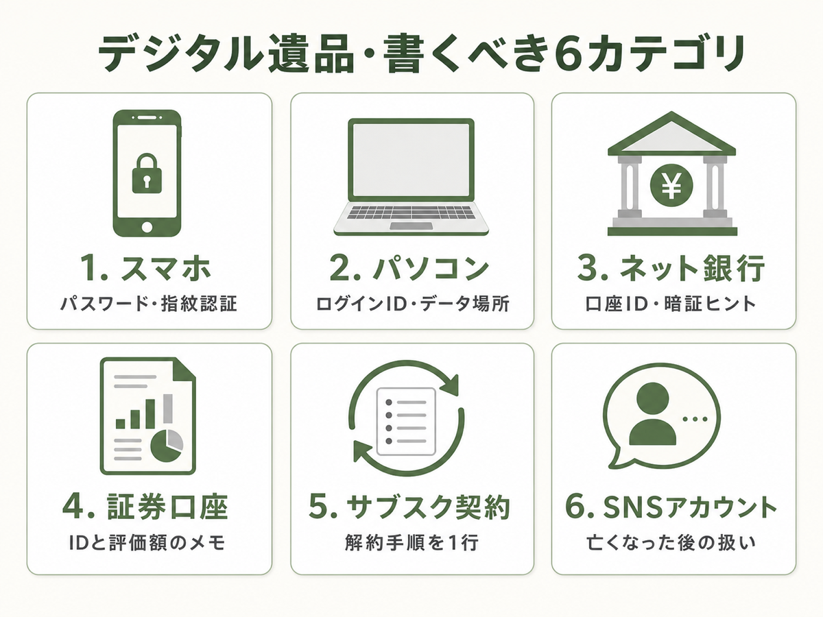 デジタル遺品の6カテゴリリスト。スマホ／パソコン／ネット銀行／証券口座／サブスク契約／SNSアカウントを3x2グリッドで分類したフラット図解