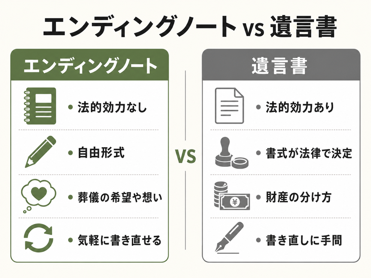 エンディングノート vs 遺言書の比較カード。エンディングノート（法的効力なし・自由形式・葬儀希望や想い）／遺言書（法的効力あり・書式が法律で決定・財産の分け方）を並列比較したフラット図解
