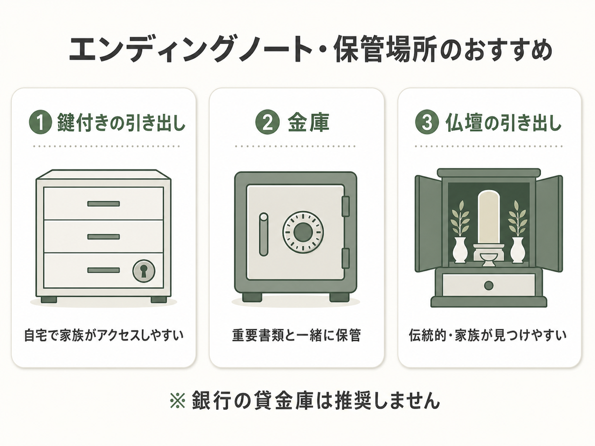 エンディングノート保管場所の3つのおすすめ。①鍵付きの引き出し（自宅で家族がアクセスしやすい）／②金庫（重要書類と一緒に保管）／③仏壇の引き出し（伝統的・家族が見つけやすい）の3カードフラット図解（※銀行の貸金庫は推奨しない）