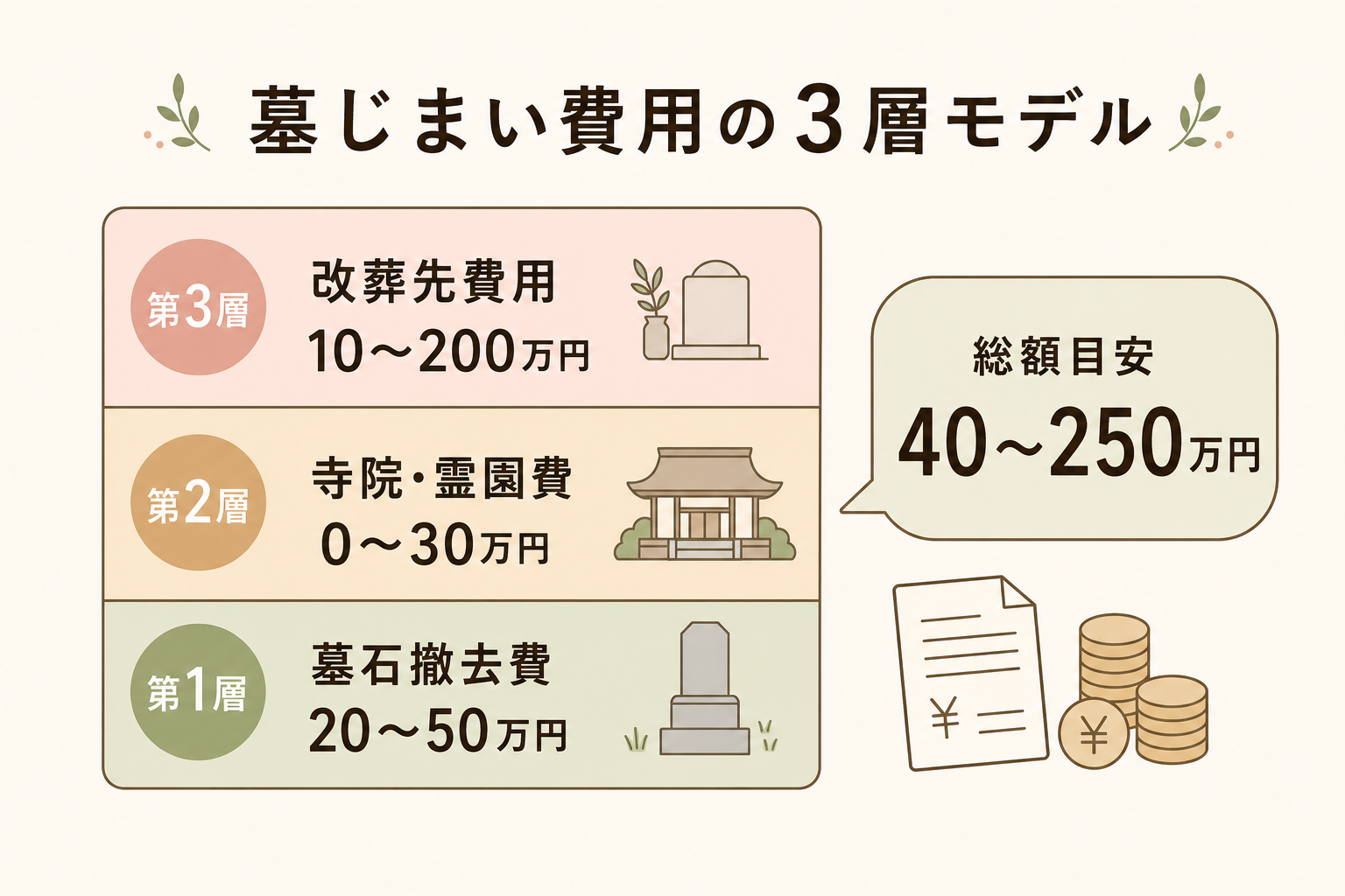 墓じまい費用の3層モデル。下から順に第1層墓石撤去費20〜50万円、第2層寺院霊園費0〜30万円、第3層改葬先費用10〜200万円を積み上げ棒グラフ風に表示し、合計40〜250万円のレンジを右に示した図