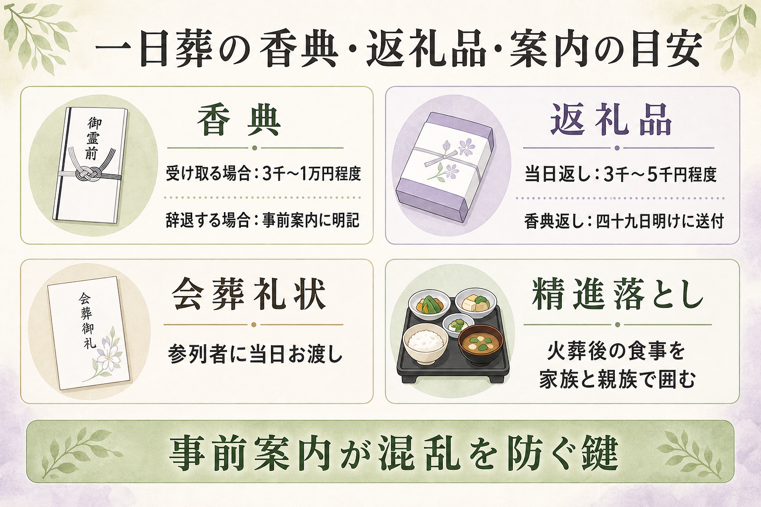一日葬の香典と返礼品の案内図解。『香典：受け取る場合は3千〜1万円程度が目安／辞退する場合は事前案内に明記』『返礼品：当日返し3千〜5千円程度／香典返しは四十九日明けに送付』『会葬礼状：参列者に当日お渡し』『精進落とし：火葬後の食事を家族と親族で囲む』の4項目を、それぞれ金額目安と注意点付きカードで並べた一覧図