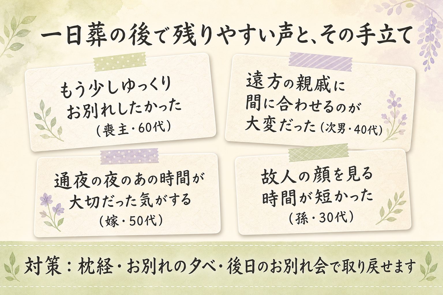一日葬で残りやすい後悔の声サンプル図解。『もう少しゆっくりお別れしたかった』『遠方の親戚に間に合わせるのが大変だった』『通夜の夜のあの時間が大切だった気がする』『故人の顔を見る時間が短かった』の4つの声を、和紙風カードに手書き風の文字で並べた事例集。それぞれの声に対して、後日のお別れ会・四十九日法要などの代替案を小さく添えた参考図