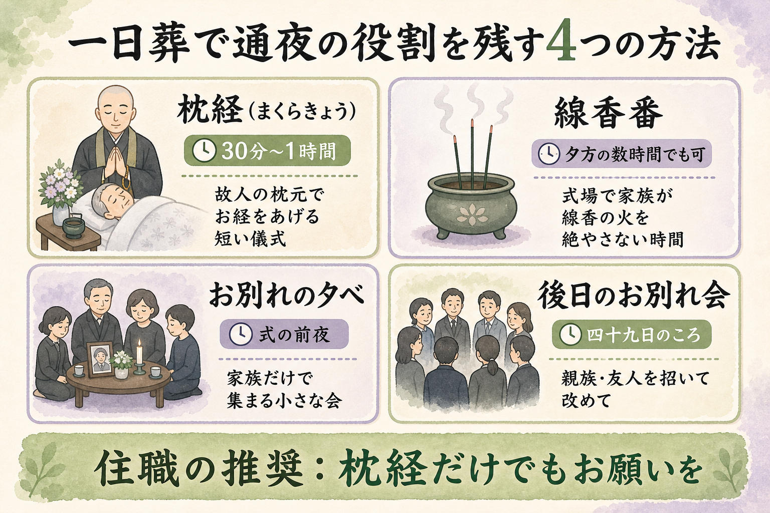 一日葬で通夜の役割を残すための代替案図解。『①枕経：故人の枕元でお経をあげる短い儀式（30分〜1時間）』『②線香番：式場で家族が線香の火を絶やさない時間を持つ』『③お別れの夕べ：式の前夜に家族だけで集まる小さな会』『④後日のお別れ会：四十九日のころに親族・友人を招いて改めて』の4つの選択肢を、それぞれ説明と所要時間付きカード4枚で並べた代替案集