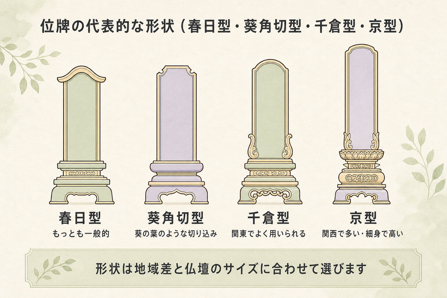 位牌の代表的な4形状の比較イラスト。春日型はシンプルな神社建築風のもっとも一般的な形、葵角切型は上部に葵の葉のような切り込みがある徳川家ゆかりの伝統形状、千倉型は曲線の優美な装飾彫りが特徴で関東でよく用いられる形状、京型は細身で背の高い荘厳な装飾で関西で多い形状を、それぞれの線画イラストと地域・特徴ラベル付きで横並びに示した形状図