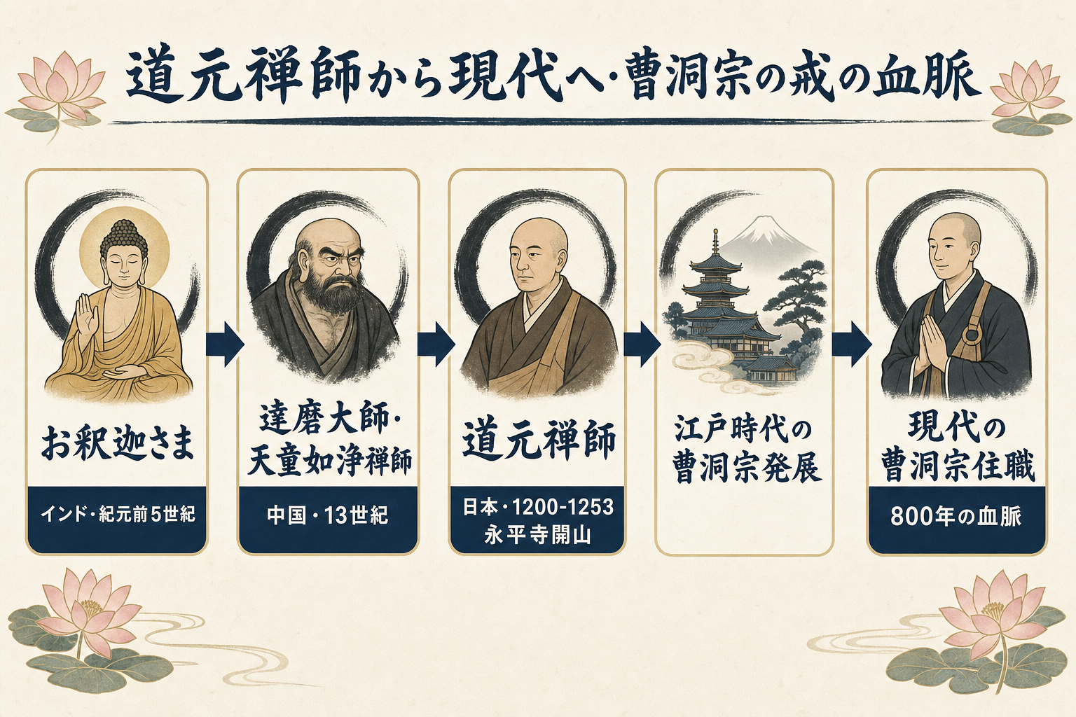 道元禅師から現代曹洞宗住職への戒の血脈系譜図。横長フラットデザインで、お釈迦さま(インド・紀元前5世紀)→達磨大師・天童如浄禅師(中国・13世紀)→道元禅師(日本・1200-1253・永平寺開山)→江戸時代の曹洞宗発展→現代の曹洞宗住職(800年の血脈)を矢印で時代を繋いで表示