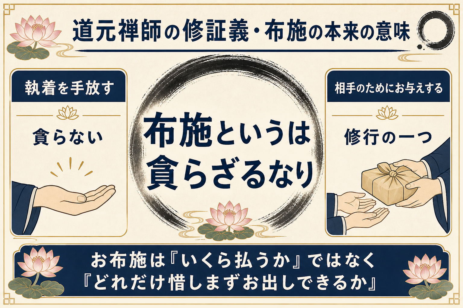 道元禅師の修証義『布施というは貪らざるなり』を視覚化したフラットデザイン図解。中央に毛筆風太字で『布施というは貪らざるなり』を縦書き表示。両側に図示で、左『執着を手放す』(手のひらを開く+貪らない)、右『相手のためにお与えする』(両手で施し+修行の一つ)。下部に『お布施はいくら払うかではなくどれだけ惜しまずお出しできるか』のメッセージ