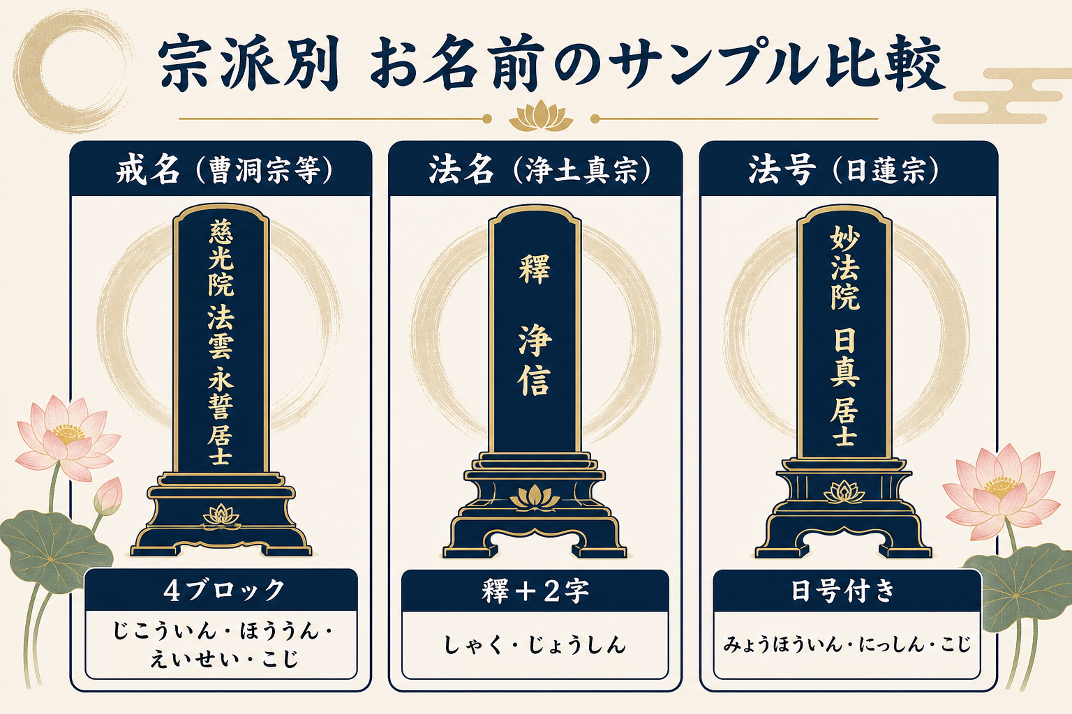 戒名・法名・法号の3サンプル並列比較フラット図解。横並びに3つの位牌風カード、左から戒名(曹洞宗等)「慈光院 法雲 永誓 居士」、法名(浄土真宗)「釋 浄信」、法号(日蓮宗)「妙法院 日真 居士」を縦書きで描画。それぞれの字数構造(4ブロック・釋+2字・日号付き)を併記