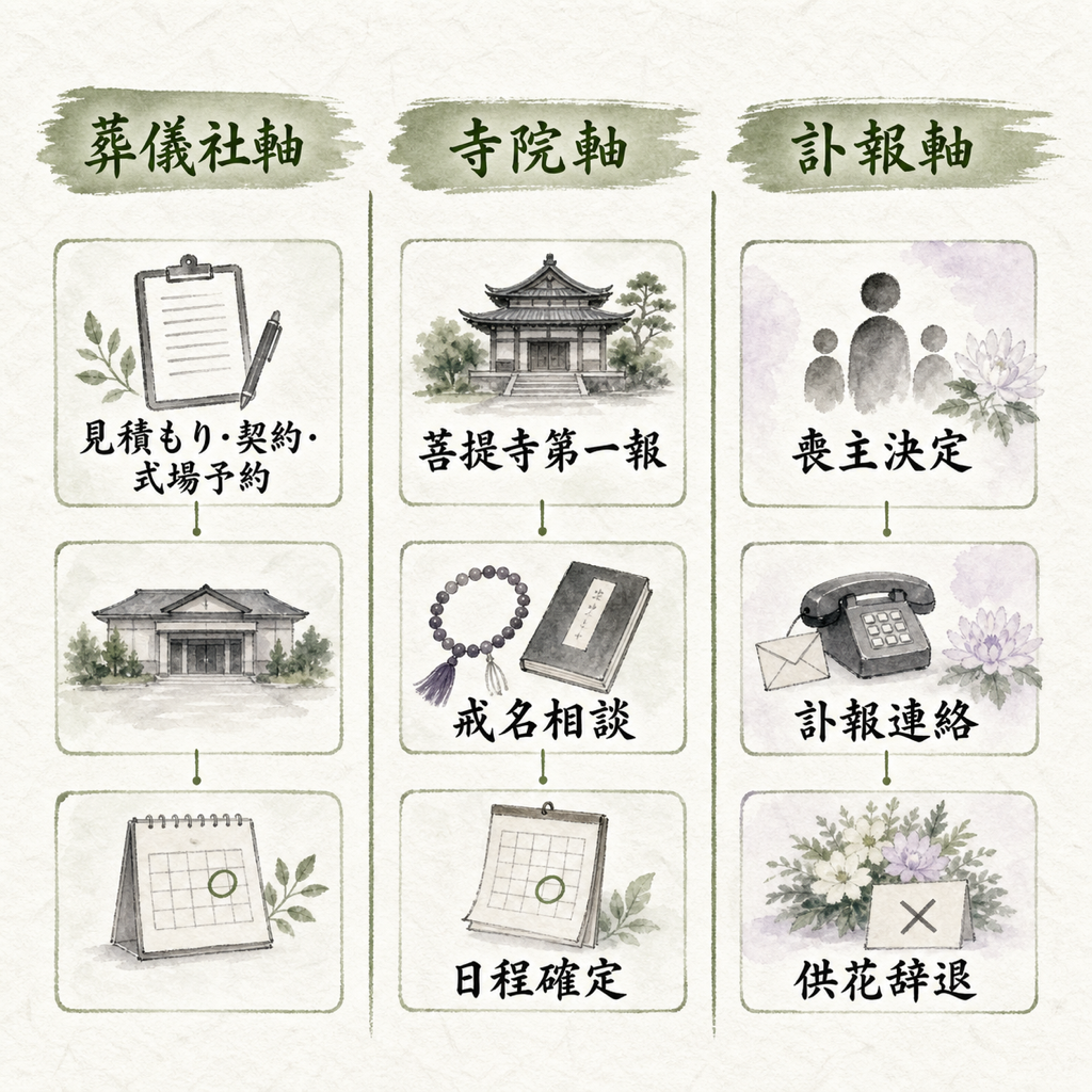 通夜までの48時間でやることを一覧化した図解。3列構成で『葬儀社軸（見積もり・契約・式場予約）』『寺院軸（菩提寺第一報・戒名相談・日程確定）』『訃報軸（喪主決定・訃報連絡・供花辞退の判断）』を並列に示した実務リスト