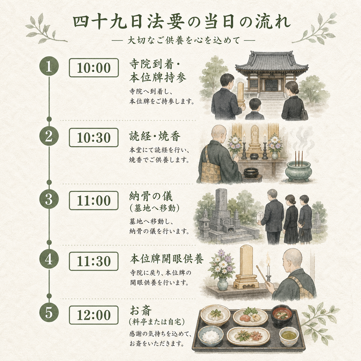 四十九日当日の流れ図解。10時：寺院到着・本位牌持参／10時30分：読経・焼香／11時：納骨の儀（墓地へ移動）／11時30分：本位牌開眼供養／12時：お斎（料亭または自宅）、を縦軸タイムラインで示した式次第
