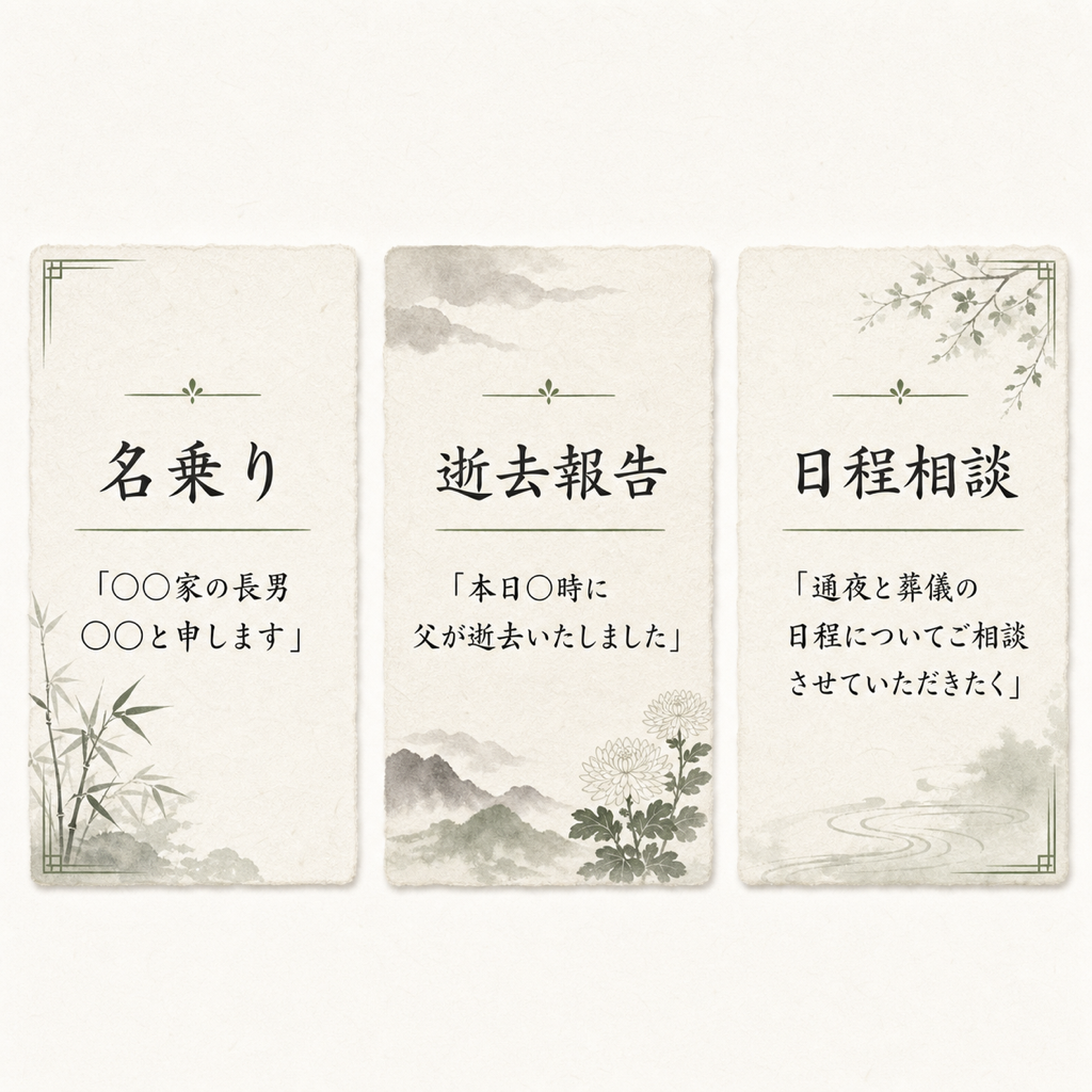 菩提寺への第一報の言い回し3文例カード図解。『電話冒頭の名乗り：◯◯家の長男◯◯と申します』『逝去報告：本日◯時に父が逝去いたしました』『日程相談：通夜と葬儀の日程についてご相談させていただきたく』を3枚の和紙風カードに並べた実用例