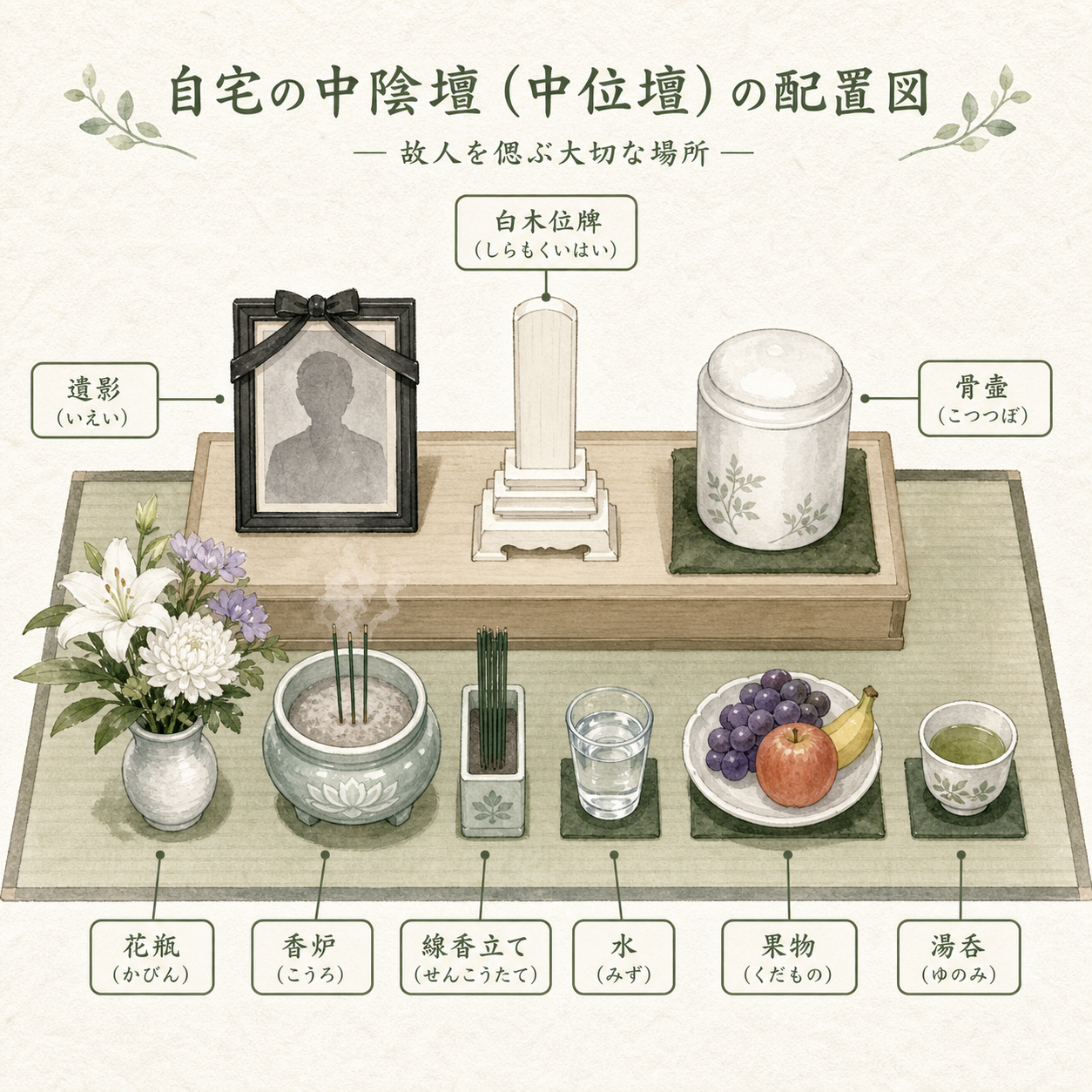 自宅祭壇の配置図解。中央に白木位牌、左に遺影、右に遺骨、手前に香炉・線香立て・花瓶・水・果物・湯呑、を上から見た平面図で示した配置例