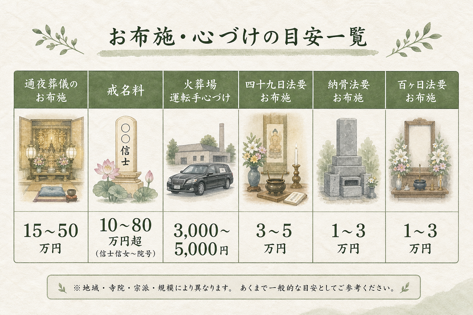 お布施・心づけ目安の横並び表図解。場面ごとに『通夜葬儀のお布施 15〜50万円』『戒名料 10〜80万円超(信士信女〜院号)』『火葬場運転手心づけ 3000〜5000円』『四十九日法要お布施 3〜5万円』『納骨法要お布施 1〜3万円』『百ヶ日法要お布施 1〜3万円』を金額帯で示した一覧表
