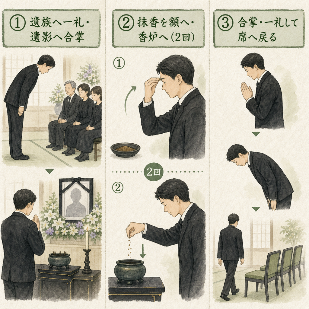 曹洞宗の焼香作法3ステップ図解。①遺族へ一礼・遺影へ合掌/②抹香を右手で軽くつまみ額の高さに押しいただいてから香炉へ落とす、これを2回/③合掌・一礼して席へ戻る、を3コマで示した作法解説