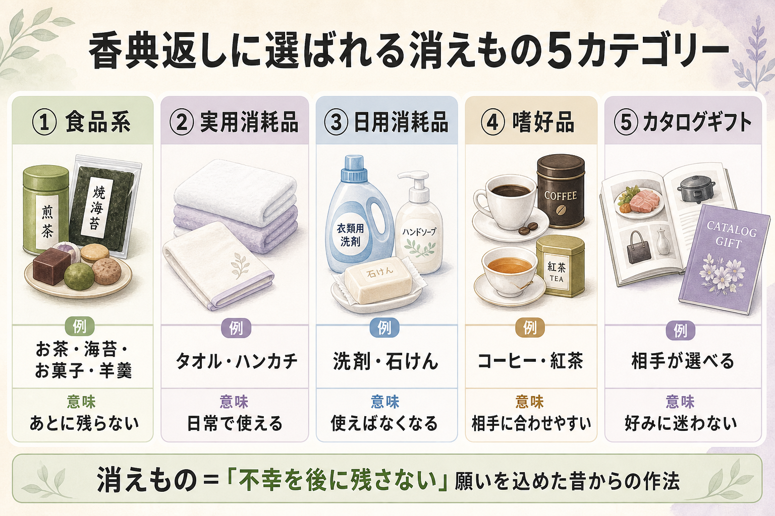 香典返しの消えもの品目一覧図解。5カテゴリーをアイコン化：お茶・海苔・お菓子（食品系）／タオル・ハンカチ（実用消耗品）／洗剤・石けん（日用消耗品）／コーヒー・紅茶（嗜好品）／カタログギフト（選択式）、それぞれに「あとに残らない」「日常で使える」「もらった側が選べる」など特徴説明を併記した5分類アイコン図
