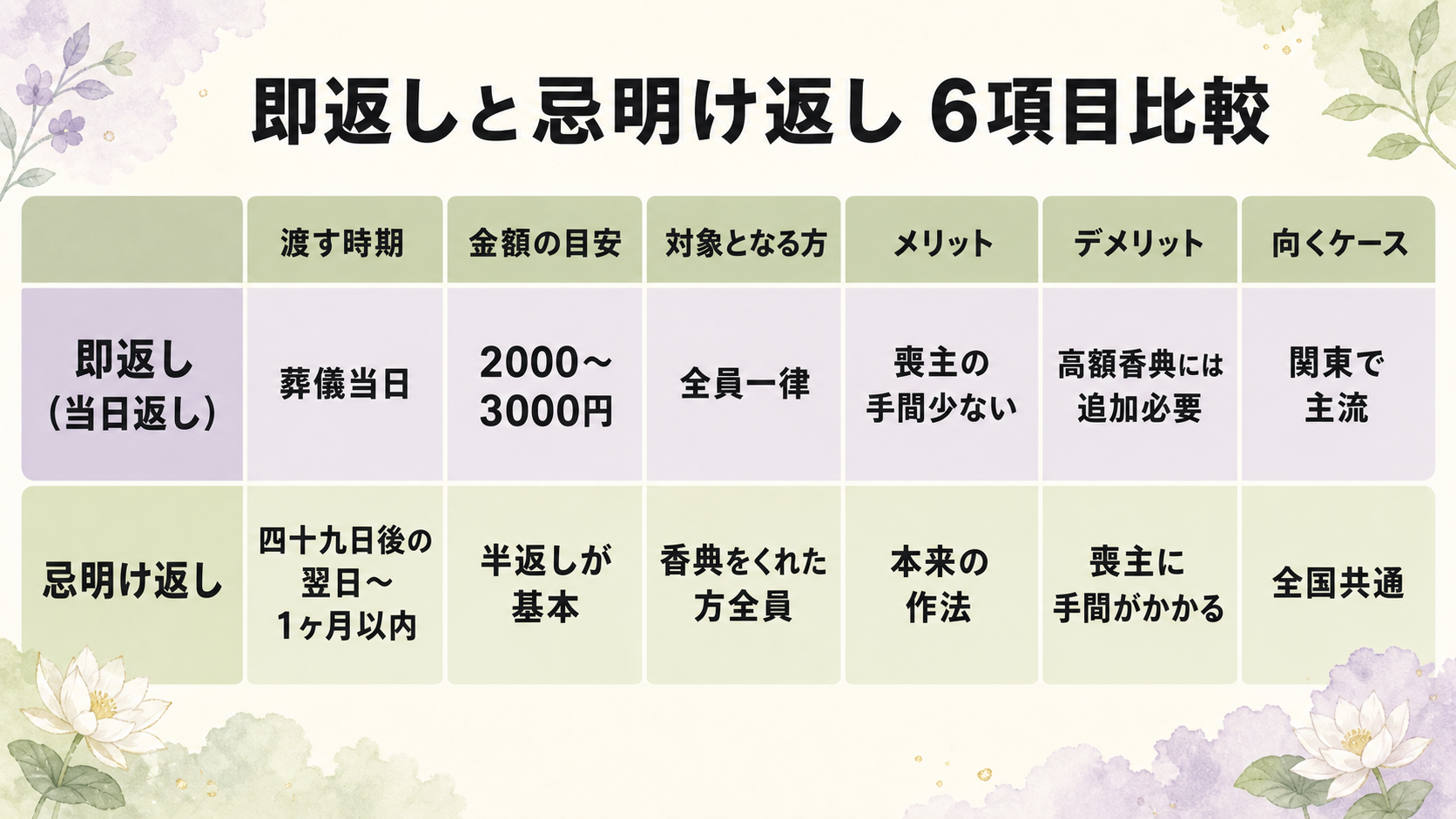 即返しと忌明け返しの比較表図解。縦軸：即返し（当日返し）／忌明け返し。横軸：渡す時期／金額／対象／良い点／気をつける点／向くケース、の6項目を比較。即返しは葬儀当日・2000〜3000円・全員一律・喪主の手間が少ない・高額香典には追加必要・関東主流。忌明け返しは四十九日後の翌日〜1ヶ月以内・半返しが基本・香典をいただいた方全員・本来の作法・喪主に手間がかかる・全国共通