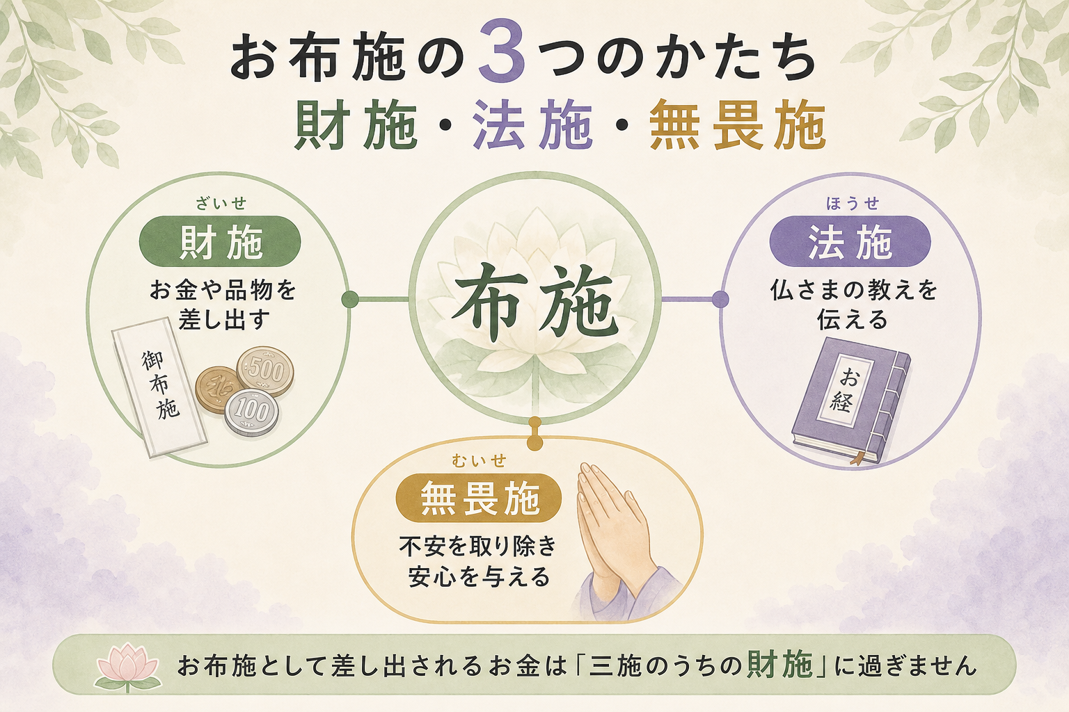 三施（財施・法施・無畏施）の関係図。中央に布施と書かれた円があり、そこから放射状に3要素が伸びる構造。財施＝お金・品物を差し出す、法施＝教えを伝える、無畏施＝不安を取り除き安心を与える、の3つを各アイコンと一行説明で並べた図解