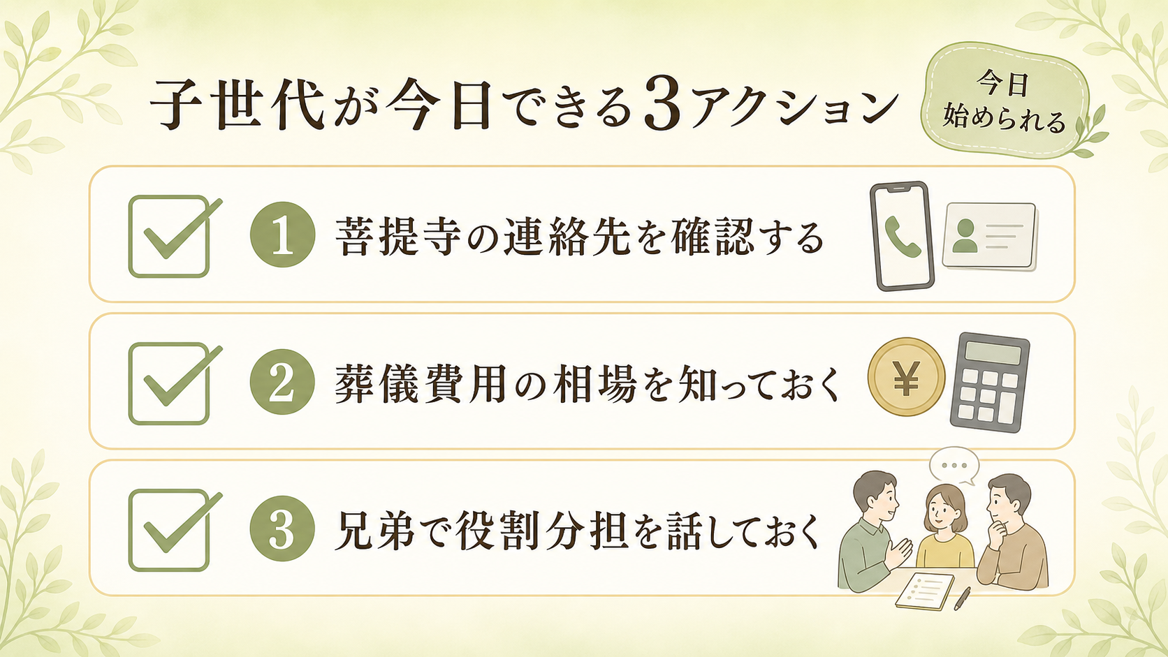 子世代が今日できる3アクションのチェックリスト。①菩提寺の連絡先を確認する/②葬儀費用の相場を知っておく/③兄弟と役割分担を話しておく の3項目を縦並びチェックリスト形式で日本語ラベル付きで示した図解
