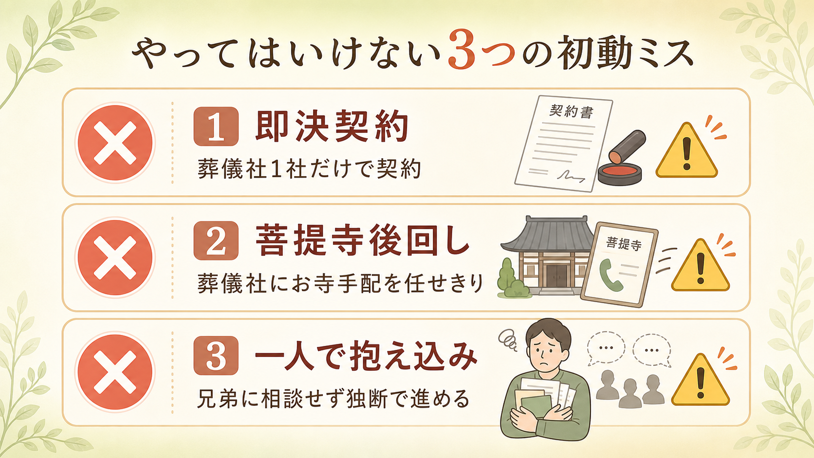 親の葬儀で子世代がやってはいけない3つの初動ミス。NGバッジ風アイコンで①即決契約（葬儀社の見積もりを比較せず契約）／②菩提寺後回し（葬儀社経由で連絡）／③一人で抱え込み（兄弟に相談せず判断）の3項目を縦並びで示した警告図解