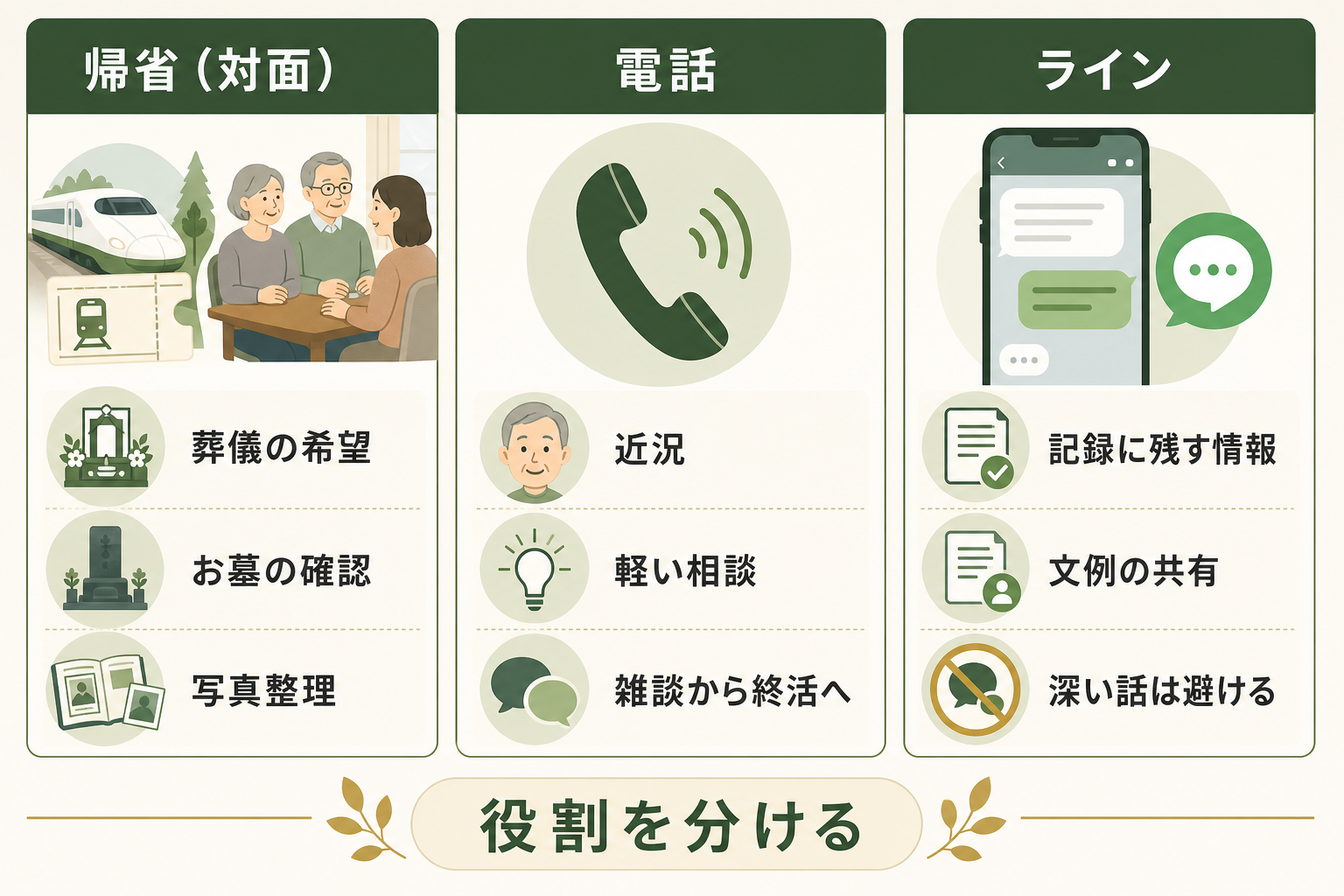 帰省（対面）・電話・LINEの使い分けマトリクス。それぞれ向く話題と向かない話題