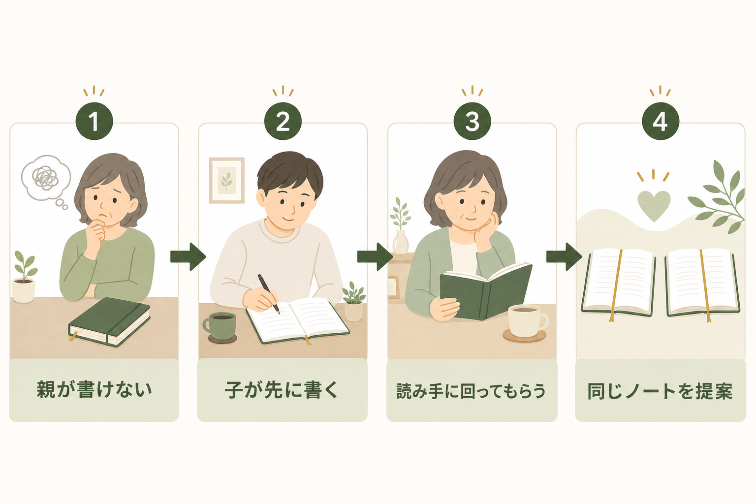親が書けない→子が先に書く→読み手に回す→同じノートを提案、の4ステップフロー