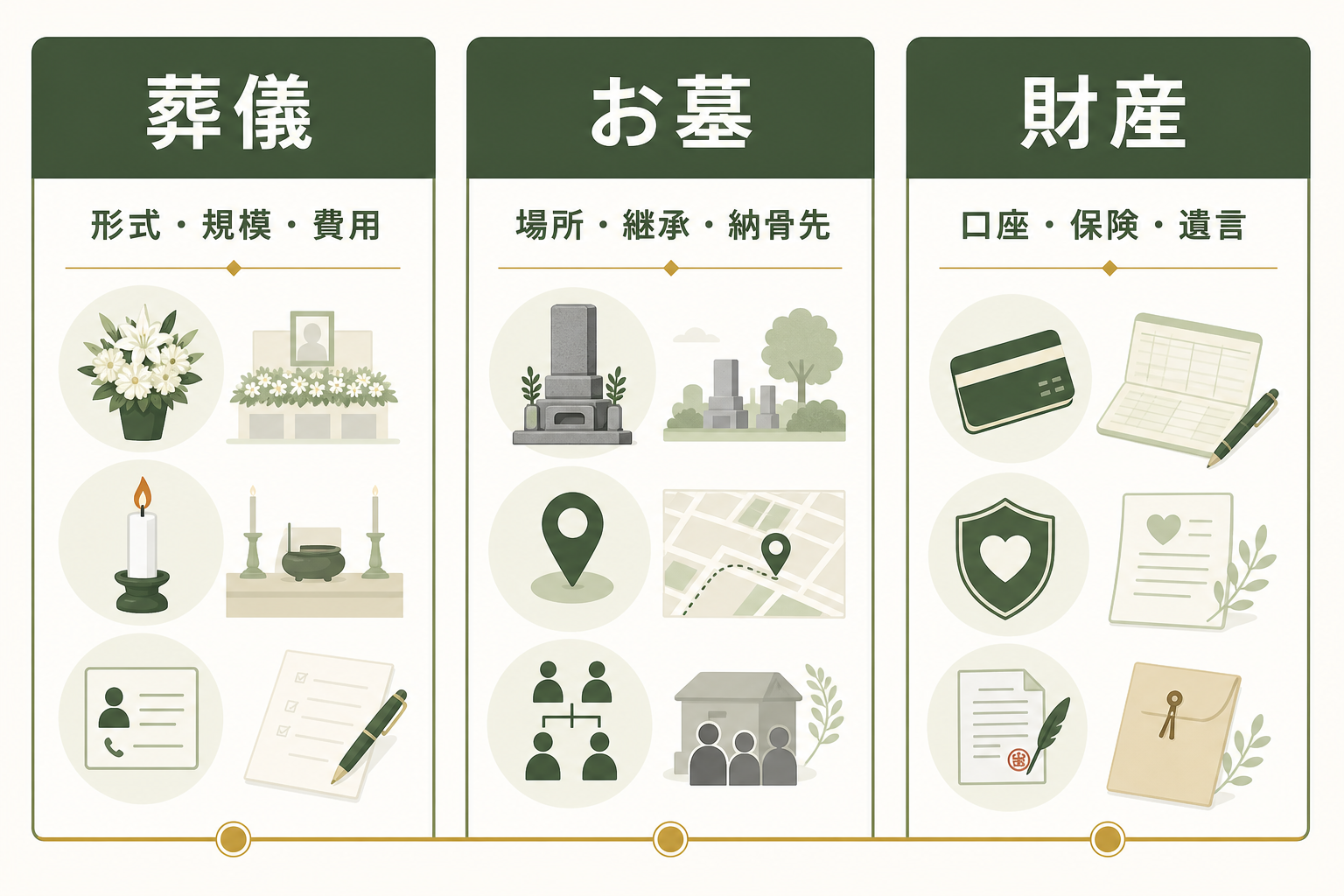 親の終活で確認する3本柱（葬儀・お墓・財産）と各サブテーマのインフォグラフィック