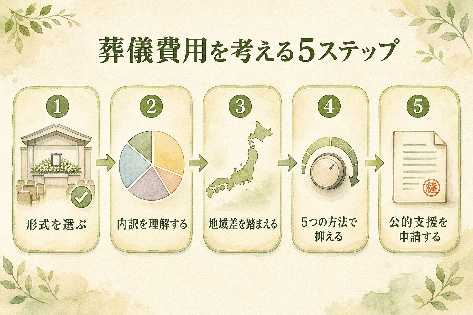 葬儀費用を考える進め方フロー。①形式を選ぶ（家族葬か一日葬か直葬か）→②内訳を理解する（5つの内訳）→③地域差を踏まえる→④5つの方法で抑える→⑤公的支援を申請する、の5ステップ矢印フロー図解