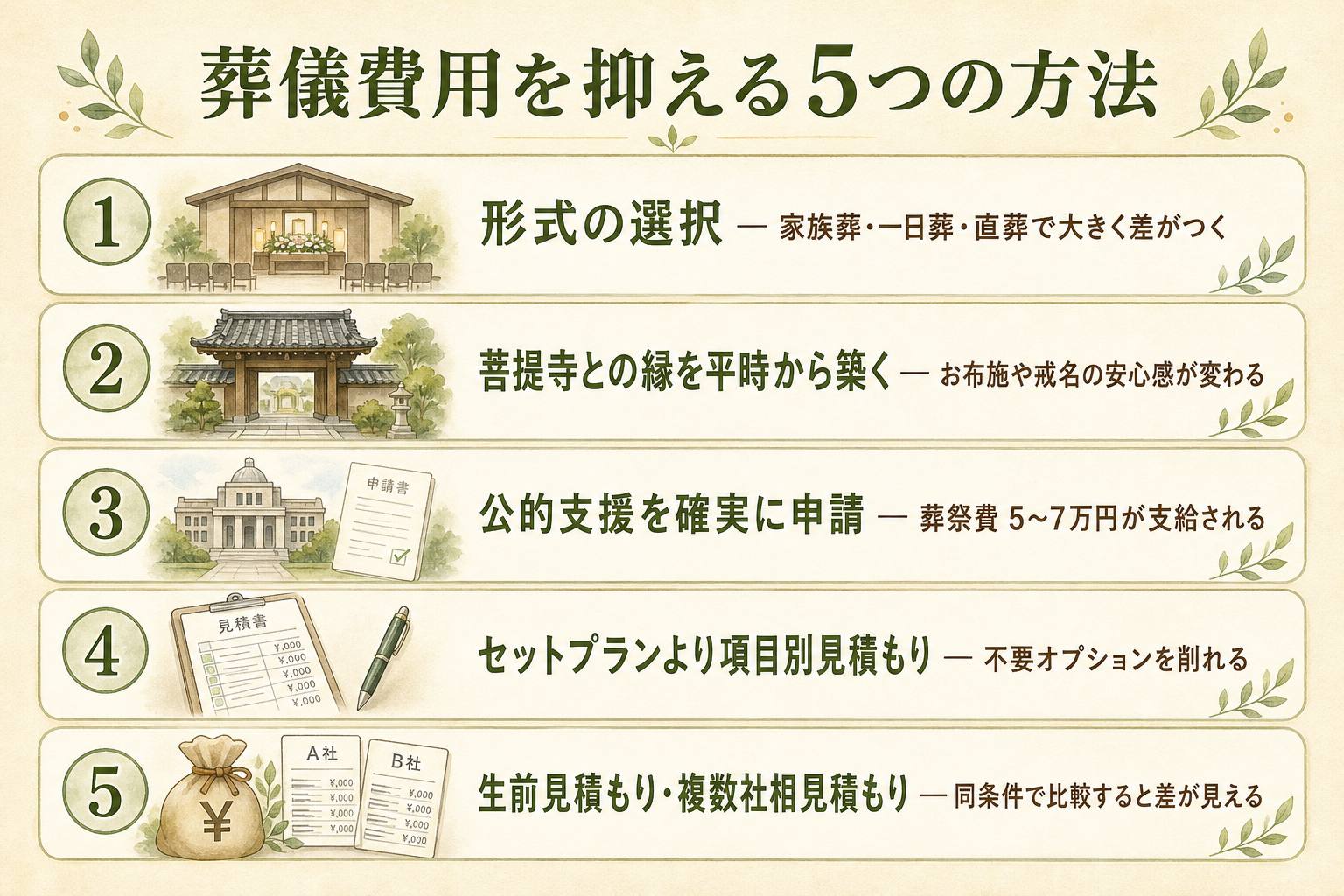 費用を抑える5つの方法一覧。①形式の選択（家族葬・一日葬・直葬）／②菩提寺との縁を平時から築く／③公的支援を確実に申請（葬祭費5〜7万）／④セットプランより項目別見積もり／⑤生前見積もり・複数社相見積もり、の5項目を縦並びカード形式で示したフラット図解