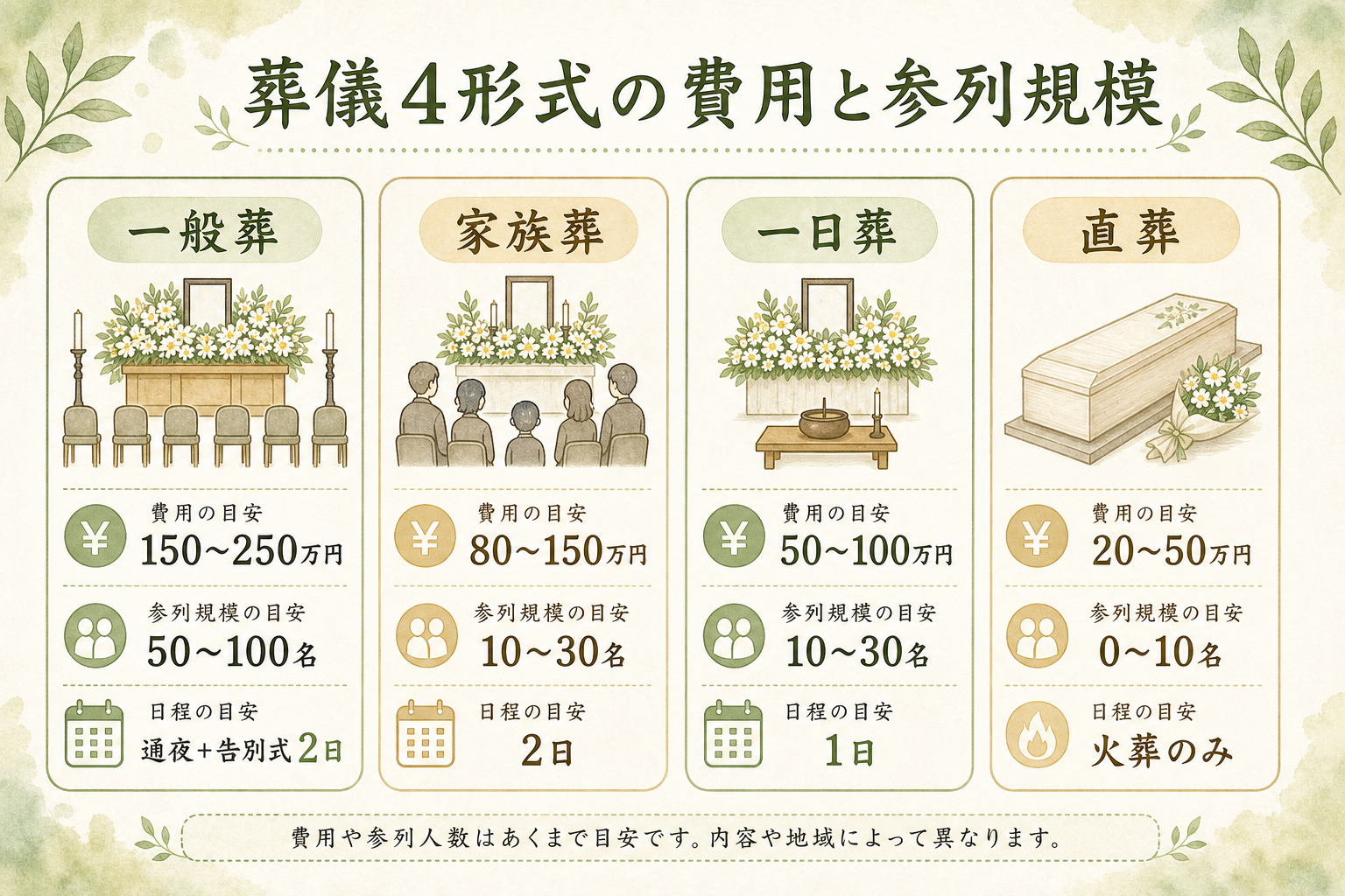 葬儀4形式の費用相場比較カード。一般葬（150〜250万円・50〜100名・通夜+告別式の2日間）／家族葬（80〜150万円・10〜30名・通夜+告別式の2日間）／一日葬（50〜100万円・10〜30名・告別式のみ1日）／直葬（20〜50万円・0〜10名・火葬のみ）の4形式を費用・参列・日程で横並びに比較したフラット図解