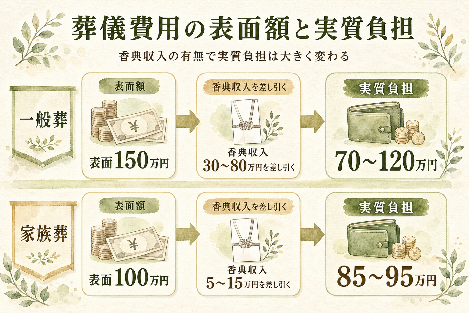 葬儀費用の表面額と実質負担の比較。一般葬は表面150万円から香典収入30〜80万円を差し引くと実質負担70〜120万円、家族葬は表面100万円から香典収入5〜15万円を差し引くと実質負担85〜95万円となる対比図解