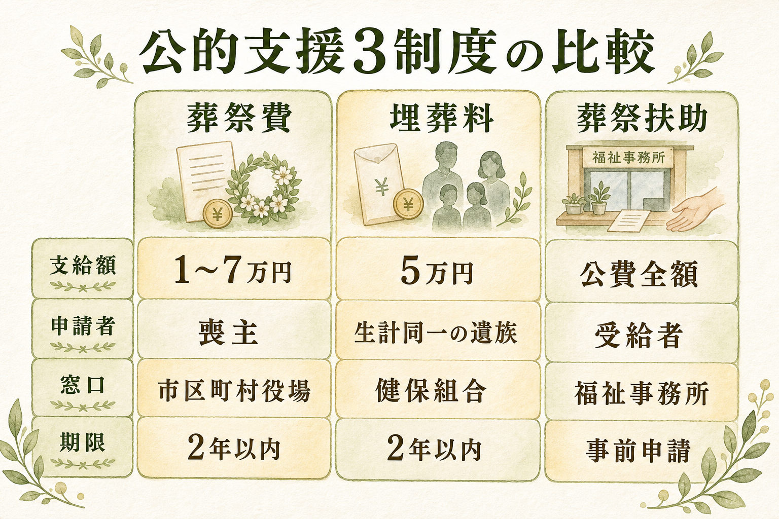 主な公的支援3制度の詳細。①国民健康保険の葬祭費（1〜7万・喪主・市区町村役場へ・申請期限2年）／②健康保険組合の埋葬料（5万・故人と生計同一の遺族・勤務先の健康保険組合へ・申請期限2年）／③葬祭扶助（生活保護受給者・自治体の福祉事務所へ）の3つを横並び表形式で示したフラット図解。各制度の支給額・申請者・窓口・期限を整理