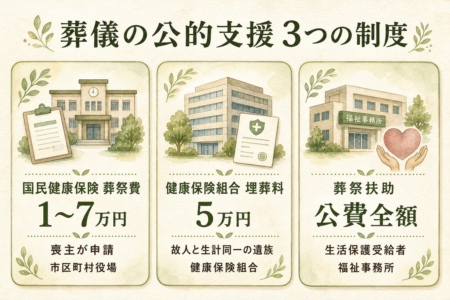 葬儀の公的支援3制度の比較。①国民健康保険の葬祭費（自治体により1〜7万・喪主が申請・故人住所地の市区町村）／②健康保険組合の埋葬料（5万・故人と生計同一の遺族が申請・勤務先の組合）／③葬祭扶助（生活保護受給者向け・自治体ごと）の3つを並列カード形式で示したフラット図解
