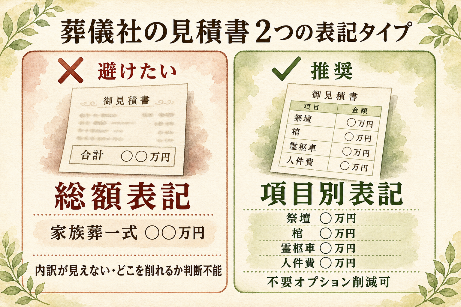 葬儀社の見積書2つの表記タイプ比較。避けたい総額表記(家族葬一式○○万円・内訳が見えず削れる項目を判断不能)と、推奨される項目別表記(祭壇・棺・霊柩車・人件費を1つずつ列挙・不要オプション削減可)の対比図解。総額表記には×、項目別表記には✓のマーカー