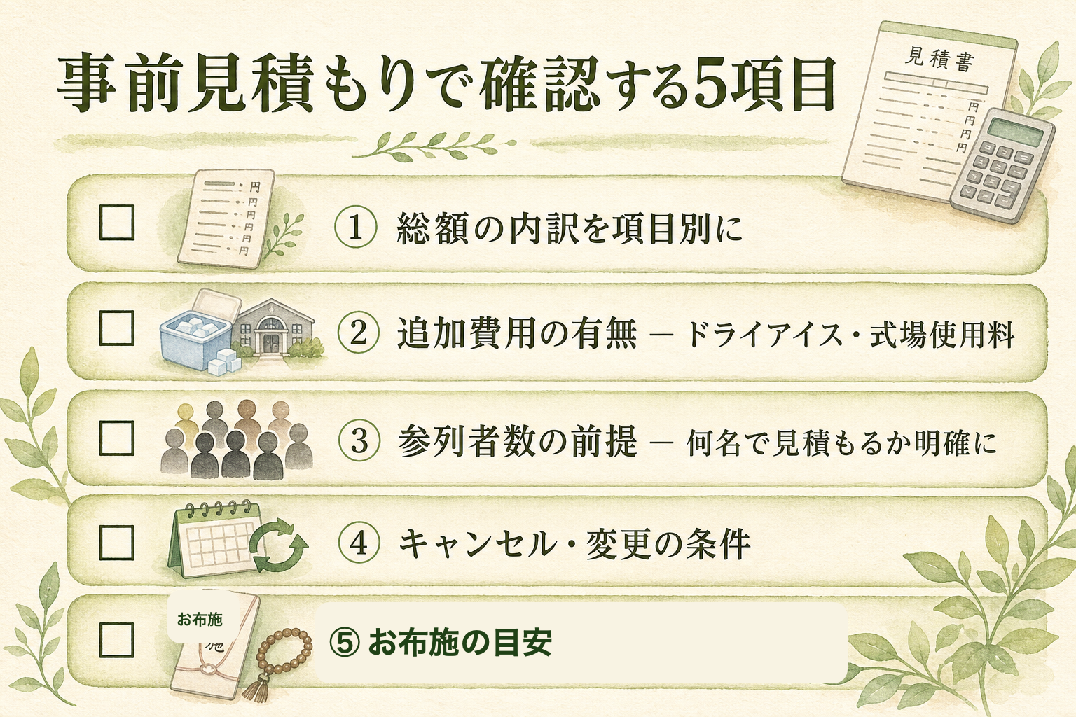 事前見積もりで確認すべき5項目。①総額の内訳がわかる項目別明細／②セット外になりがちな追加費用（ドライアイス・式場使用料・火葬料）／③参列者数の前提（50名と30名で変わる）／④キャンセル・解約の条件／⑤お布施の目安（葬儀社で目安を聞ける場合あり）、の5項目を縦並びチェックリスト形式で示したフラット図解