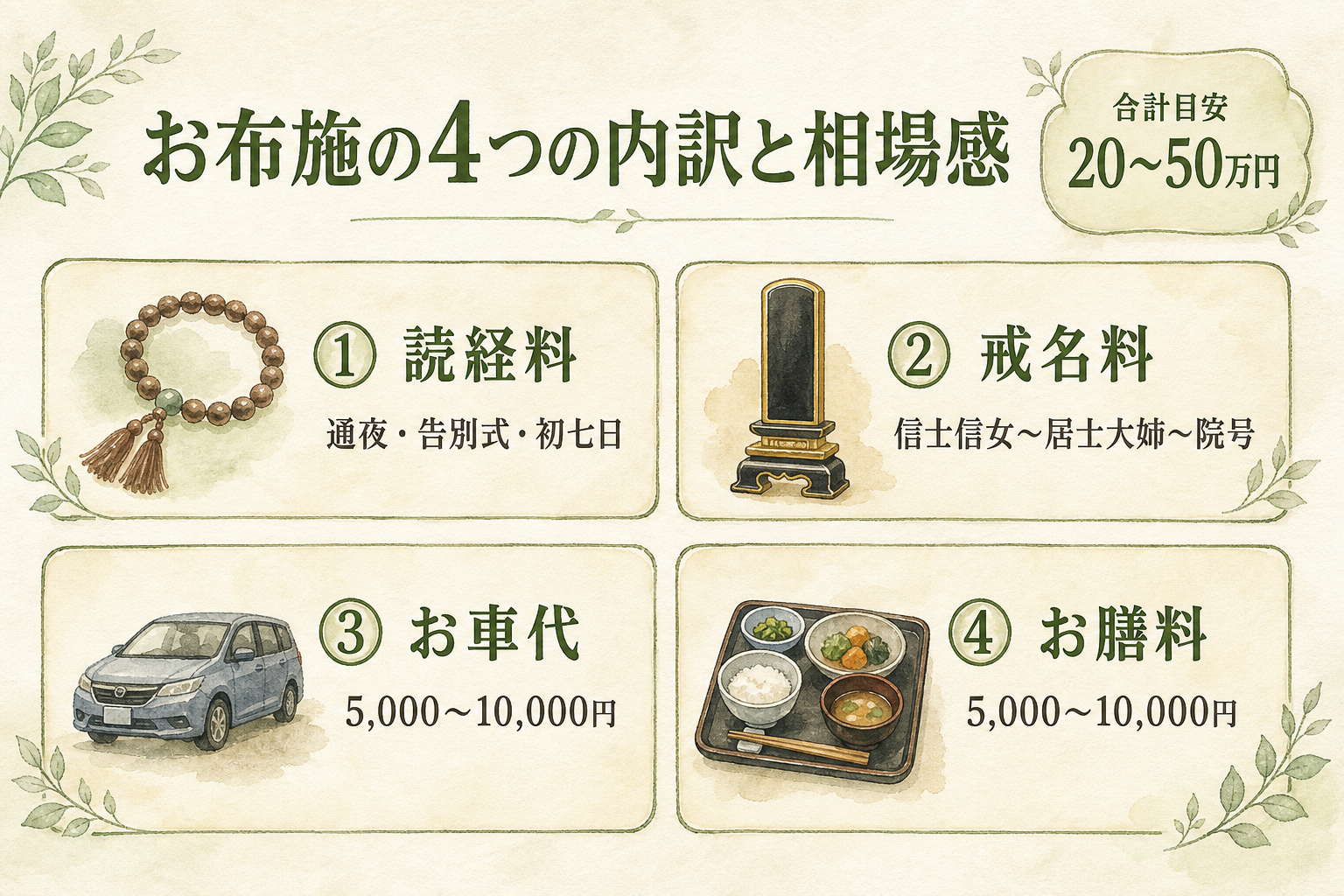 お布施の4つの内訳と相場感。①読経料（通夜・告別式・初七日）、②戒名料（信士信女〜居士大姉〜院号）、③お車代（5,000〜10,000円）、④お膳料（5,000〜10,000円）の4カードと、合計目安20〜50万円の図解