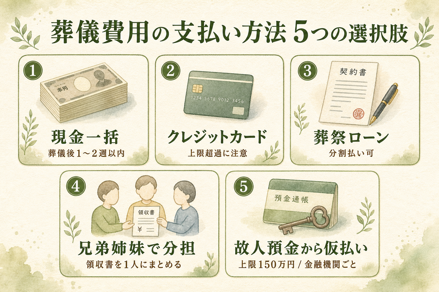 葬儀費用の5つの支払い方法。①現金一括／②クレジットカード（高額のため上限超過に注意）／③葬祭ローン（葬儀社提携・分割払い可）／④兄弟姉妹で分担（領収書を1人にまとめると後の相続で整理しやすい）／⑤相続資産から支払い（凍結前手続きが鍵）、の5つを縦並びカード形式で示したフラット図解