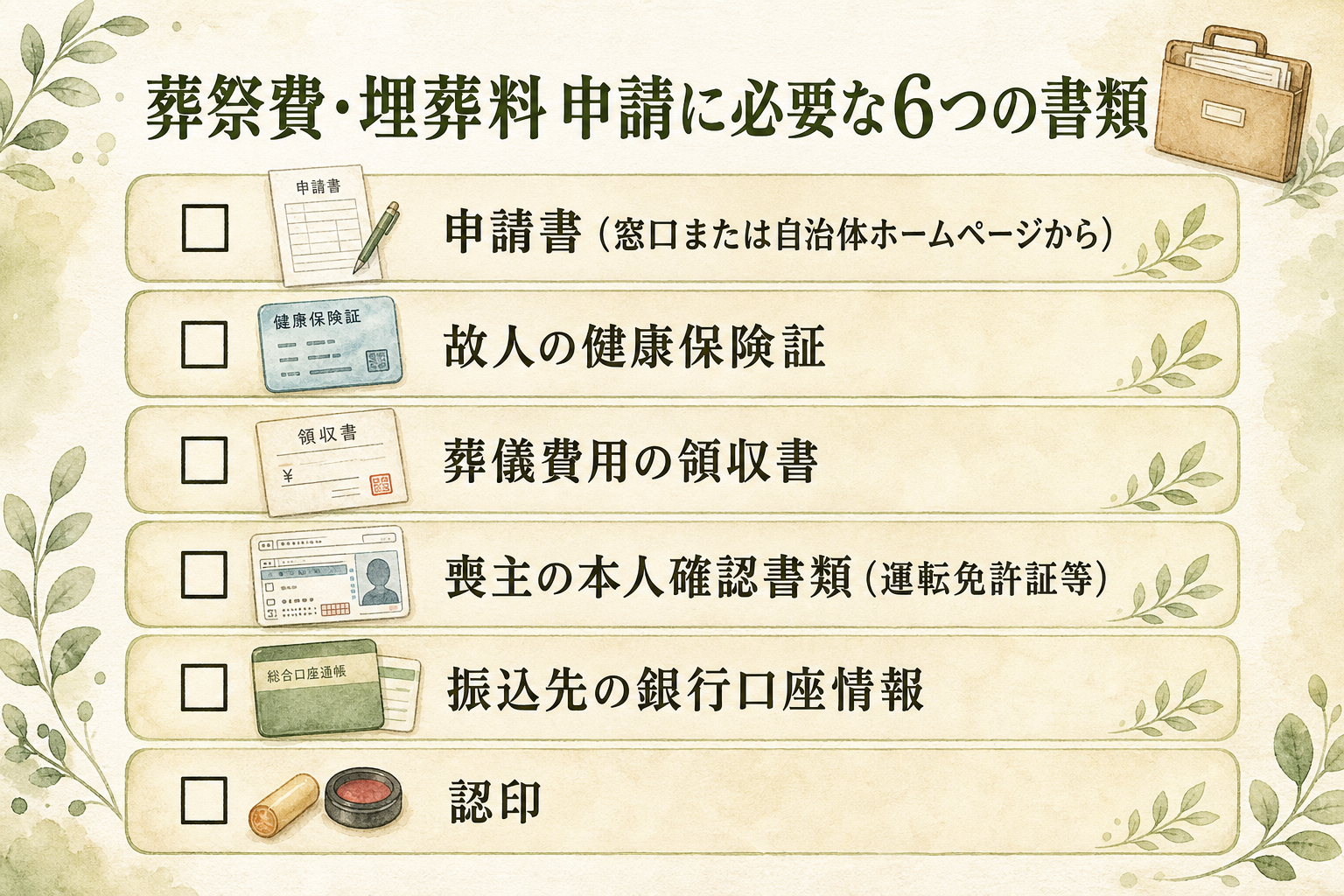葬祭費・埋葬料の申請に必要な6つの書類チェックリスト。①申請書（窓口または自治体ホームページから）、②故人の健康保険証、③葬儀費用の領収書、④喪主の本人確認書類（運転免許証等）、⑤振込先の銀行口座情報、⑥認印