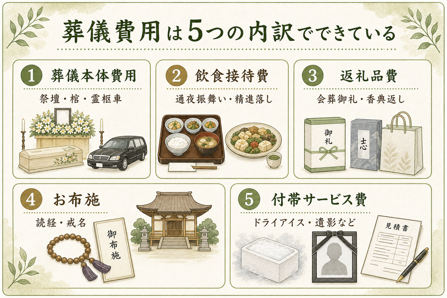 葬儀費用の5つの内訳カード。①葬儀本体費用(祭壇・棺・霊柩車・人件費)/②飲食接待費(通夜振舞い・精進落し)/③返礼品費(会葬御礼・香典返し)/④お布施(読経・戒名・お車代・お膳料)/⑤付帯サービス費(ドライアイス・遺影・式場使用料)の5つを並列カードで示したフラット図解